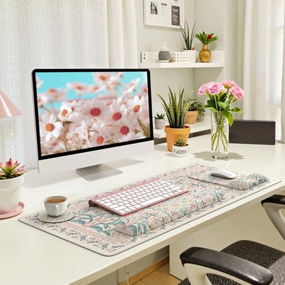 iLeadon Pink Desk Mat Set Cute,Mouse Pad and Keyboard Pad Mat for Desk | Non-Slip Desk Mat, Ergonomic Desk Mouse Pad Extra Large, Floral Teacher Desk Mat with Wrist Rest for Women Home Office - color: Light Pink