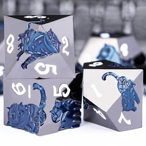 Metal DND Cat Dice 7PCS Polyhedral RPG Dice Set with Gift Case for Dungeons Dragons Role Playing Game, D and D Dice D6 D8 D10 D12 D20 D% (Blue Black) - color: Cat-black Blue