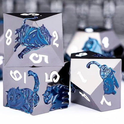 Metal DND Cat Dice 7PCS Polyhedral RPG Dice Set with Gift Case for Dungeons Dragons Role Playing Game, D and D Dice D6 D8 D10 D12 D20 D% (Blue Black) - color: Cat-black Blue