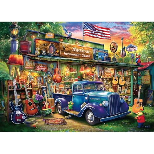 1000 Piece Puzzle for Adults, Vintage Musical Instrument Store Jigsaw Puzzles, Colorful Funny Puzzle, Perfectly Fitting Pieces, Home Decor Birthday Party Gift for Adults Seniors 27.5" x 19.7" - color: Vintage Musical Instrument Store