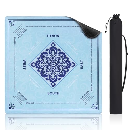 Mahjong Mat with Rule, 32.5" x 32.5" Waterproof Soft Surface Game Mat, Easy Clean Non-Slip & Noise-Reduce Mah Jong Table Mat with Carry Bag, Rolled Packaging for American Mahjong, Poker, Game - color: Light Blue