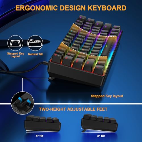 BlueFinger 60% Mechanical Gaming Keyboard and Mouse Combo - RGB Rainbow Backlit 61 Keys Red Switch Keyboard & 4 DPI LED Gaming Mouse, USB Wired Set for PC Laptop Xbox PS4 PS5, Black - color: Black