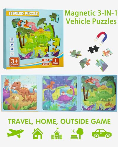 Dinosaur Magnetic Puzzles for Toddlers 3-5, 3 in 1 Travel Puzzles Book Games for Kids Ages 2-4, Travel Games and Toys for 3 4 5 6 Year olds Boys and Girls (Dinosaur 1) - style: Level 2 Dinosaur