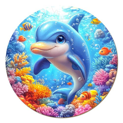 Ocean Wooden Puzzles for Kids - Blue Dolphin (11.4 * 11.4 in) | 50 Piece Puzzles for Kids Ages 6-8, Kids Puzzles with Unique Animal Shapes, Round Gift for Girls and Boys - color: Blue Dolphin