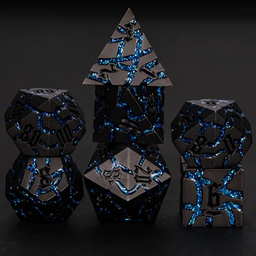 Cracked Rune Metal Dice Set for DND & RPG – Dark Fantasy Fractured Design, Premium Heavy Metal Polyhedral Dice with Deep Engraved Numbers, 7-Piece Set – Blue Arcane Vein - color: Pearl Gun Bright Blue