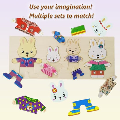 Wooden Bunny Family Dress-up Puzzle Box for Toddlers(72pcs),Change Clothes Puzzle Games, Preschool Learning Activities Toys for Kids Ages 3+ - color: Bunny