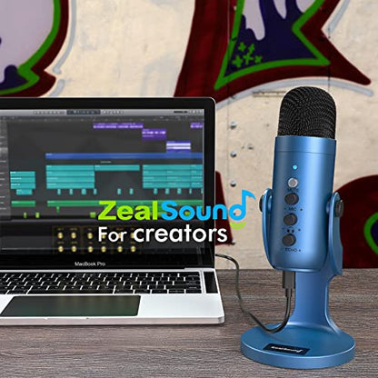 ZealSound Podcast Microphone for PC, Noise Cancellation USB Mic with Gain, Volume Adjustment & Mute Button, Monitoring & Echo, for YouTube, TikTok, Podcasting, Streaming, iPhone, iPad, Android(Blue) - color: Blue