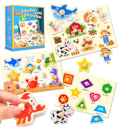 Wooden Peg Puzzles for Toddlers,Montessori Toddler Jigsaw for Child,Fine Motor Skill Learning Puzzle Toys for Baby Boys Girls Gifts-3 Pcs Shape,Farm,Sea Animal - color: 3 Peg Puzzles