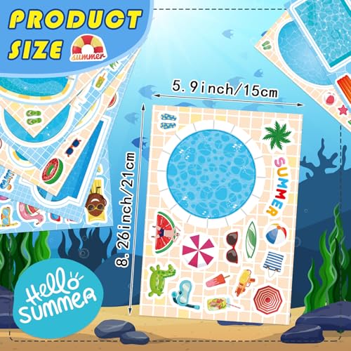 Summer Stickers, Make a Pool Sticker, Make Your Own Stickers for Kids | 24 Sheets Pool Stickers, Mix & Match Craft Kit for Summer Party Favors & Activities - style: Pool