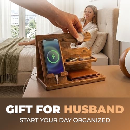TESLYAR Wood Phone Docking Station for Men - Desk or Nightstand Organizer - Birthday Gifts for Husband or Dad - Anniversary Idea from Wife - Key Holder, Stand Wallet, Watch & Essentials (Earth Beige) | Mens Bedside Organiser with Key Holder, Wallet & Watc