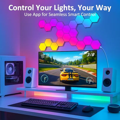 Hexagon LED Light Panels 8 Pack – Smart RGB Wall Lights with APP & Remote Control – Music Sync Modular Gaming Lights for Bedroom, Living Room, Wall Decor - size: ‎Hexagon Lights - 8 Pack