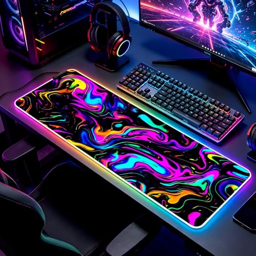 RGB Abstract Colorful Marble Swirl Fluid Gaming Desk Mat, Computer Keyboard Large Extended Long LED Mouse Pad for Office and Home, XL (W22) - color: Rgb-w22