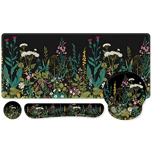iCasso Large Mouse Pad, Mouse Pad Wrist Support Set,4in1 XXL Large Mousepad + Keyboard Wrist Rest+Mouse Wrist Rest+Coaster Set with Ergonomic Design for Home Office Table Computer-Weeds - color: Weeds