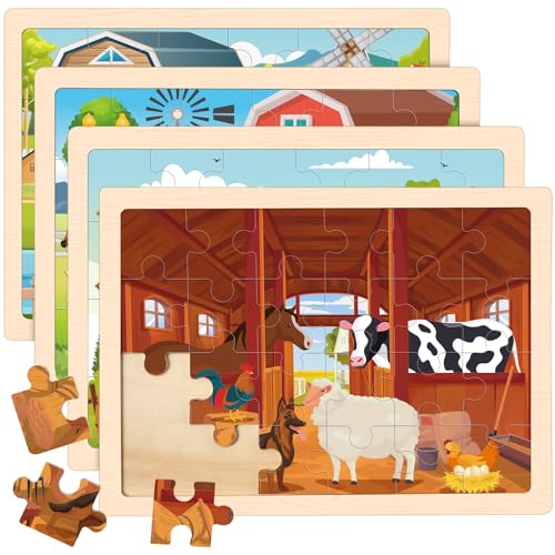 4-in-1 Farm Wooden Puzzles for Kids Ages 4-6, 24 PCS Wooden Jigsaw Puzzles for Toddlers Ages 3-5, Preschool Educational Puzzles Boards Toys Gifts for 3 4 5 6 Boys Girls - style: Farm
