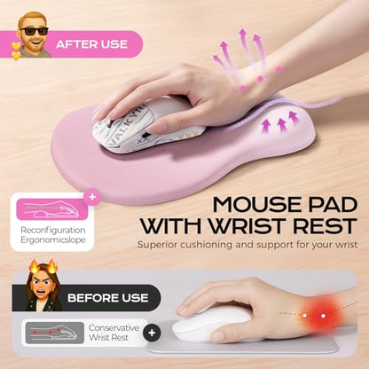 Ergonomic Mousepad with Wrist Rest Pink, Wrist Rest for Mouse Pad, Memory Foam with Massage Design, Non-Slip PU Base for Office and Home - color: pink mousepad with wrist rest
