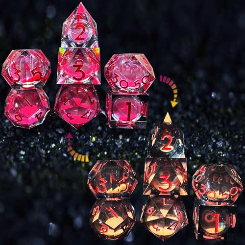 HAOMEJA Glowing Quicksand Resin Dice Set DND 7 Pcs D&D Resin Sharp Edge Role Playing Dice with Dragon Eye Bag, Polyhedral Dungeons and Dragons Dice D20 D12 D10 D100(00-90) D8 D6 D4 (Black & Red) - color: Glowing Red & Black