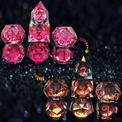 HAOMEJA Glowing Quicksand Resin Dice Set DND 7 Pcs D&D Resin Sharp Edge Role Playing Dice with Dragon Eye Bag, Polyhedral Dungeons and Dragons Dice D20 D12 D10 D100(00-90) D8 D6 D4 (Black & Red) - color: Glowing Red & Black