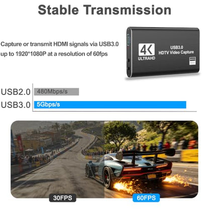 4K HDMI Capture Card, USB 3.0 Video Capture Card for Streaming | Wide Device Compatibility, OBS Compatible, 1080P 60FPS Recording Support