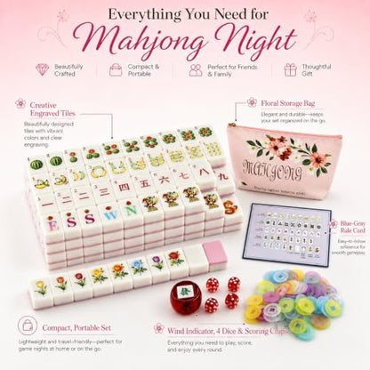 Pink American Mahjong Set, 160 Pink-Back Mah Jongg Tiles, Compact 1.2 x 0.8 x 0.5 in Mahjong Tile Set with Fruit & Floral Designs, Dice, Scoring Chips, Dealer Marker, Rule Cards & Floral Storage Bag