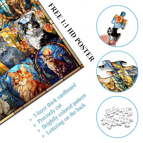 Stained Glass Puzzle Cat Puzzles for Adults 1000 Pieces, Colorful Kitty Kitten Collage Puzzles 1000 Pieces, Hard Difficult Impossible Challenging Jigsaw Puzzles for Adults - style: Stained Glass Cats