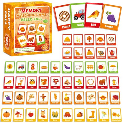gisgfim 100 PCS Fall Memory Matching Game Thanksgiving Happy Fall Concentration Memory Games for Kids Educational Ages 3-8 A Fun & Fast Autumn Theme Memory Matching Games - style: Happy Fall