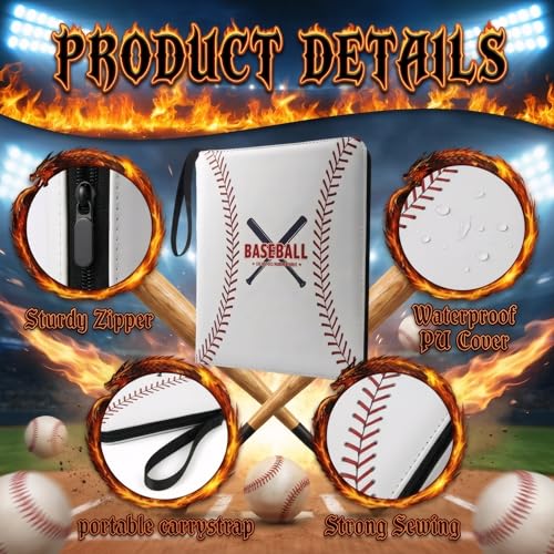 Trading Card Binder 9 Pocket, White Baseball Card Binder Holds 900 Cards with 50 Removable Sleeves, Waterproof PU Leather with Zipper Card Collector Album Book Compatible with TCG Cards - color: White Baseball