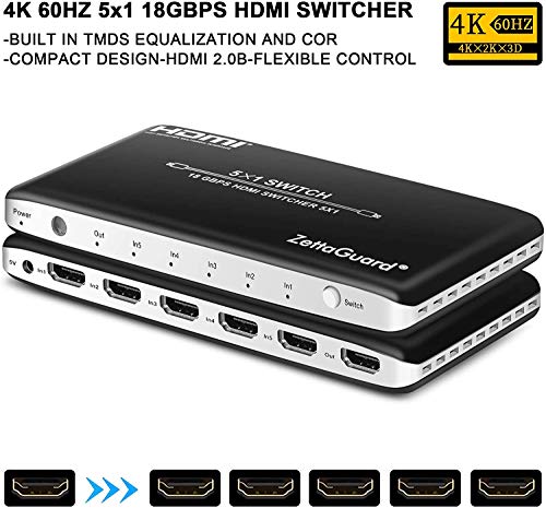 4K 60Hz 5 Port 5 x 1 HDMI Switch with IR Remote Control HDMI 2.0 Switcher Support 18Gbps 4K x 2K 3D HDCP 2.2 HDMI Splitter Hub Port Switches for PS4 Xbox Apple TV Fire Stick Blu-Ray Player - style: 5 In 1 Out