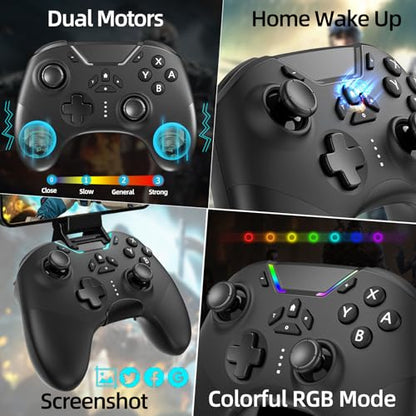 Hall Effect Bluetooth Controller for Switch/PC/iPhone/Android/TV/Steam, Pro Wireless Game Controller Remote Gamepad with Phone Clip with Hall Joystick/Lock Speed/6-Axis Gyro/Dual Motors/Turbo/Macro - color: whole black