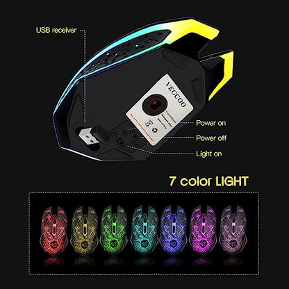 VEGCOO Wireless Gaming Mouse, Rechargeable Gaming Mouse, Silent Optical Mice with 2.4G USB Receiver, 3 Level DPI, 6 Buttons, 7 Colors LED Lights for PC/Mac Gamer, Laptop and Desktop - color: black