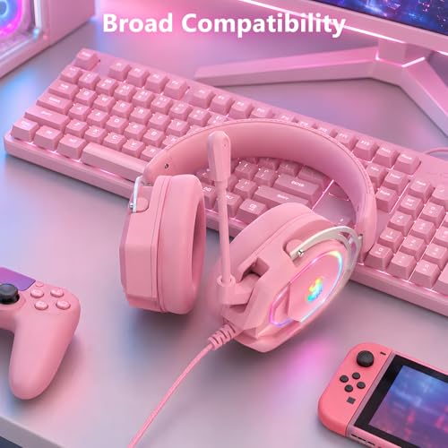 K98 Wired RGB Gaming Headset with Mic, Over Ear Gaming Headphones, 50mm Neodymium Drivers, Noise Isolating Microphone, Memory Foam Cushions, Aluminum Alloy Frame for PC, PS5, PS4, Xbox, Switch - color: Pink RGB