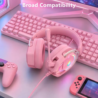 K98 Wired RGB Gaming Headset with Mic, Over Ear Gaming Headphones, 50mm Neodymium Drivers, Noise Isolating Microphone, Memory Foam Cushions, Aluminum Alloy Frame for PC, PS5, PS4, Xbox, Switch - color: Pink RGB