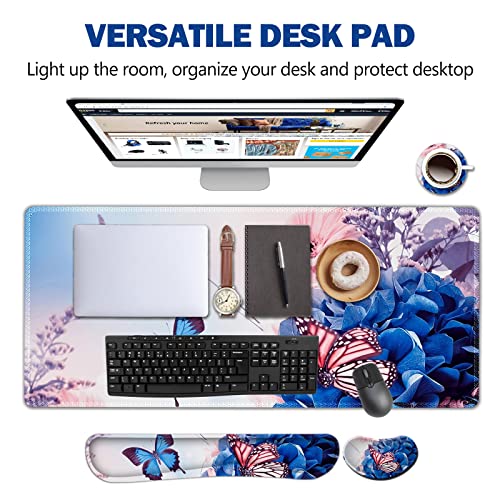 AIMSA Large Gaming Mouse Pad Set, Keyboard Wrist Rest Support Mouse Pad, Ergonomic Memory Foam Multifunctional Extended Desk Mat 35x15.7in Anti-Slip Rubber Base for Office Home, Butterfly Flower - color: Butterfly Flower