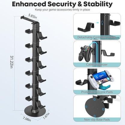 Gaming Controller & Headset Holder Stand for Desk, with Charger Cable Organizer Headphone Stand for PS5/ Xbox/ PS4/ Switch, Metal Base Controller Hook for Storage with 360° Rotatable Hanger- 6 Tiers - size: 6 Tiers
