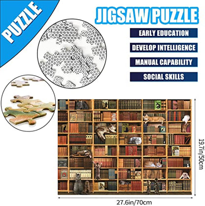 Cats Library Jigsaw Puzzle, 1000+ Piece Funny Kitten Bookshelf Puzzles, Challenging Animal Pet Lover Gifts for Friends & Family Activity Game Nights - color: Kitten Library
