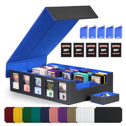 Trading Card Storage Box with Commander Display , 5-Row Deck Case with Removable Lid; 3900+ Card Deck Box for MTG TCG Sports Card, 5 Top Loaders, 5 Stoppers, 48 Dividers,1 Dice Tray (Black Blue) - color: A1-Black& Blue, size: 3900+
