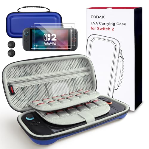 CoBak Large Capacity Carrying Case for Nintendo Switch 2 (2025) | 3 in 1 Accessories Bundle with 2 Screen Protectors, Thumb Grip Caps, 24 Game Cartridges, Hard Shell Portable Travel Pouch - color: Blue, size: 7.9 inch