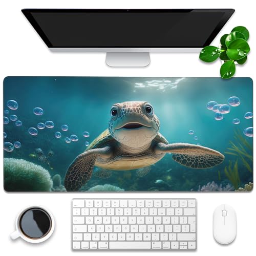 Desk Mat, Cute Turtle Smiling Under The Sea Extended Gaming Mouse Pad Large, 35.4"x15.7" Big Mouse Pad with Non-Slip Base and Stitched Edge, Long Computer Keyboard Mouse Mat for Home Office Work - color: Cute Sea Turtle, size: 35.4"x15.7"