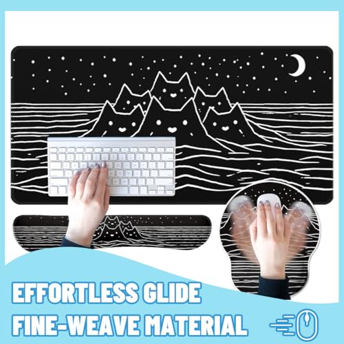 Black White Cat Desk Mat Set Minimal Mountain Ocean Night Mouse Pad with Wrist Rest 4in1 Desk Mat for Desktop Ergonomic Keyboard Wrist Support Anti-Slip Computer Mouse Pad Home Office Gaming - color: Black White Cat