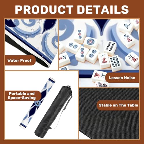 Mahjong Mat 31.5" x 31.5" Blue White Ceramic Tile Floral Swirl Non-Slip Noise Reduction Mahjong Tiles Table Cover for Dominoes Poker Card Board and Tile Games Gift - color: Color8