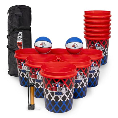 Battle Buckets – Giant Yard Pong and Basketball Game with 12 Buckets, 2 Balls, Carrying Bag, and Air Pump – Outdoor Game for Lawn, Backyard, Beach, and Parties