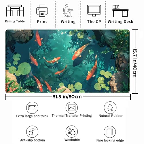 Koi Fish Desk Mat Gaming Koi Pond Desk Pad Large Cute Mouse Pad, Goldfish Mouse Mat XXL Laptop Keyboard Pad, Blue Waters Gamer Mouse Pad Full Mousepads Cool Office Accessories 31.5"x15.7" - color: DL-Lnk Wash Lotus Pond