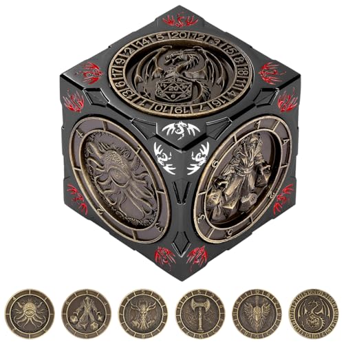 DND Spinner Dice, 7-in-1 Metal Dice Set, 3D Relief Design, DND Polyhedral Rotating Game Dice, D&D Gifts with Dragon Logo Gift Box, RPG, Role Playing Board Game Accessories, Black - color: Gold + Dark Grey