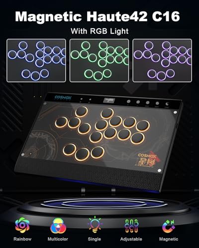 Haute42 Leverless Controller Arcade Stick: Magnetic Leverless Arcade Stick with RGB Rims,Premium Black Haute42 C16 Arcade Controller for PC/PS3/PS4/Switch Game with Lock Button Support Hot Swap & SOCD