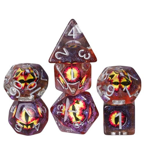 Cusdie 7-Die DND Dice, Polyhedral Dice Set Filled with Eyeball, for Role Playing Game D&D Dice (Brown Eyeball) - color: Brown Eyeball