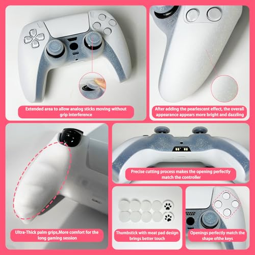 White Glitter Silicone Protective Case for PS5 Controller, Sparkly Bling Soft Cover Skins, Includes 8-in-1 Glitter Thumb Grip Caps + 2 Cat Paw Caps – Shockproof Dustproof Anti-Slip - color: White