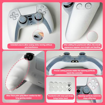 White Glitter Silicone Protective Case for PS5 Controller, Sparkly Bling Soft Cover Skins, Includes 8-in-1 Glitter Thumb Grip Caps + 2 Cat Paw Caps – Shockproof Dustproof Anti-Slip - color: White
