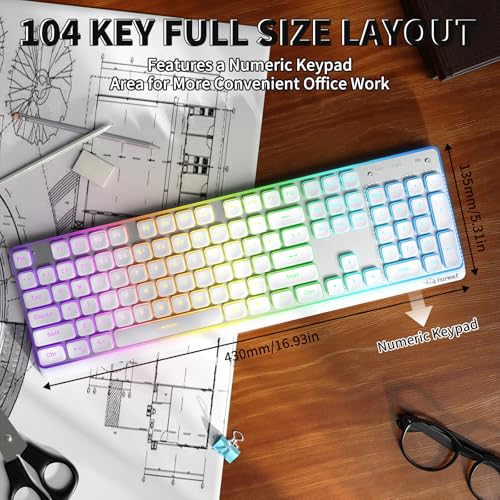 ZIYOU LANG M104 RGB Wireless Keyboard, Low-Profile Silent Membrane Keys, 2.4G Bluetooth USB Wired, Spill-Resistant, Rechargeable Full-Size 104-Key Keyboard for PC Mac, White - color: White