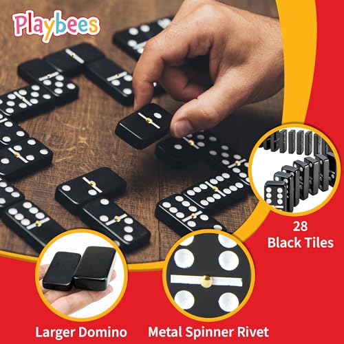 Playbees Jumbo Double Six Dominoes Set - 28 Black Classic Tiles in Faux Leather Case - Fun Educational Toy for Kids, Boys, Girls, Classroom Kit, Classic Game Night Party Favors Set, Travel-Friendly - size: Black