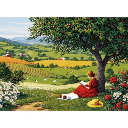 500 Piece Puzzles for Adults, Country Life Puzzle for Teens Adults Seniors, Vintage Summer Farm Landscape Puzzle with Girl Relaxing Under Tree and Dog, Peaceful Rural Scenery Puzzle, Family Game Gift - style: Country Life