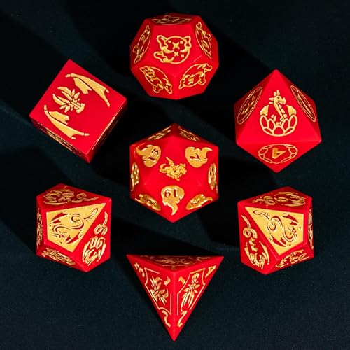 Cusdie 7-Piece Sharp Edges DND Dice Set with Dragon Pattern - Perfect for Tabletop RPGs Board Games Gifting and Collecting(Red with Gold Number) - color: Dragon Pattern R/G